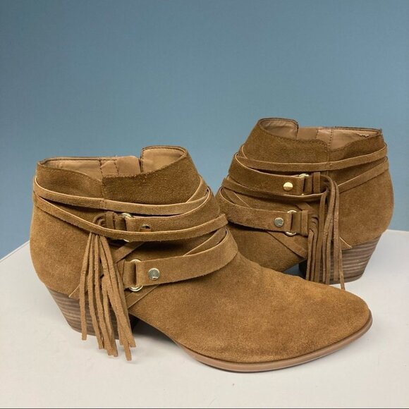 FRANCO SARTO Sz 10 Suede Straps Fringe Stacked Heel Western Style Zip Up Booties - Picture 4 of 11